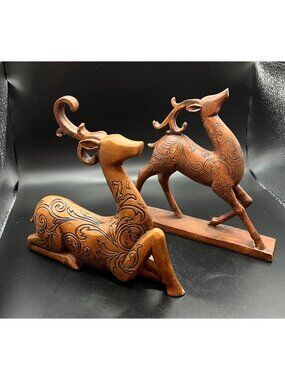 Handcrafted Resin Deer Figurines Intricate Swirl Design Set Of 2 Brown Finish